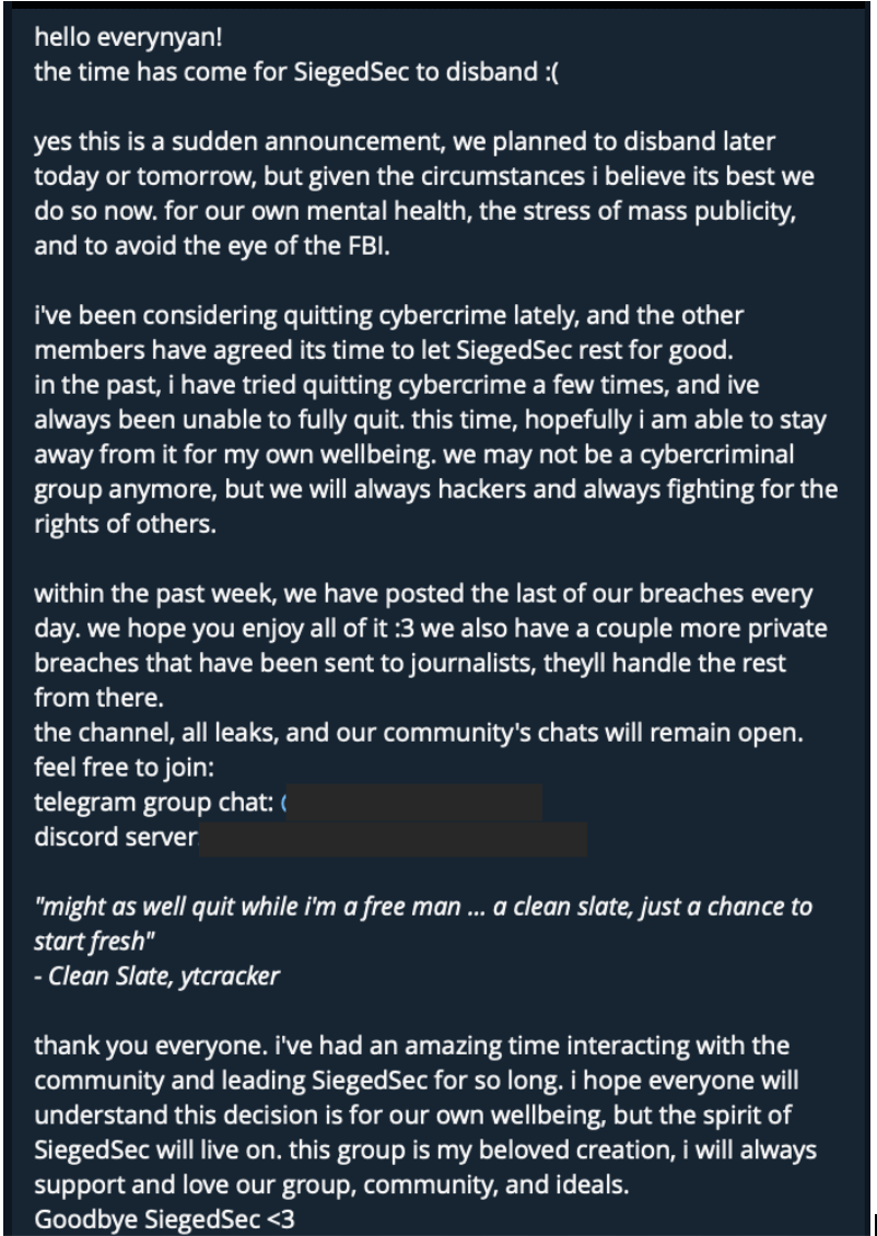 SiegedSec goodbye message